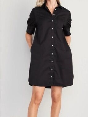 OLD NAVY Black Puff Poplin Sleeve Button Down Shirt Dress with pockets – NWT